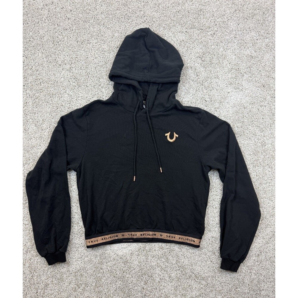True Religion Men's Branded Pullover Hoodie L Black Rose Gold Logo NWT $119